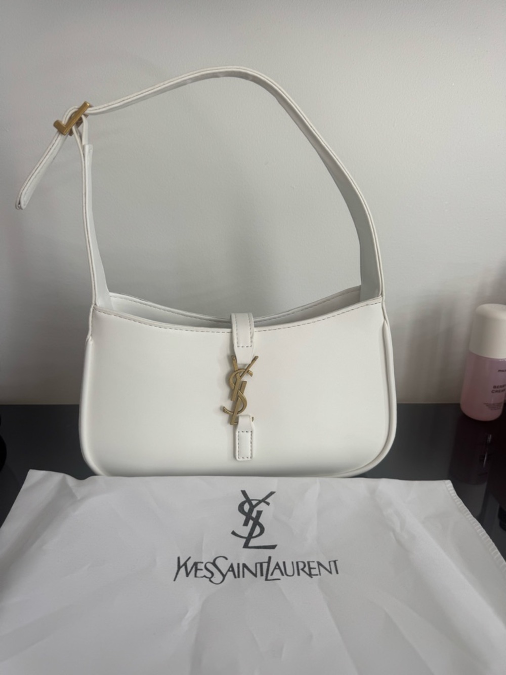 Yves Saint Laurent White Leather Shoulder Bag with Gold YSL Emblem